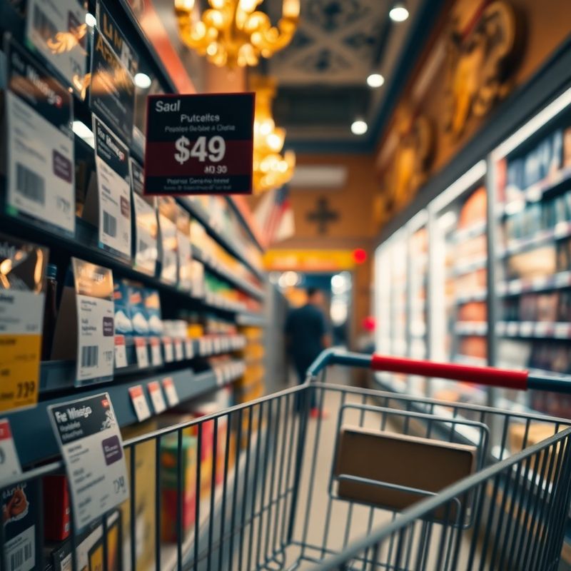 Cenovky a nákupní vozík v českém supermarketu