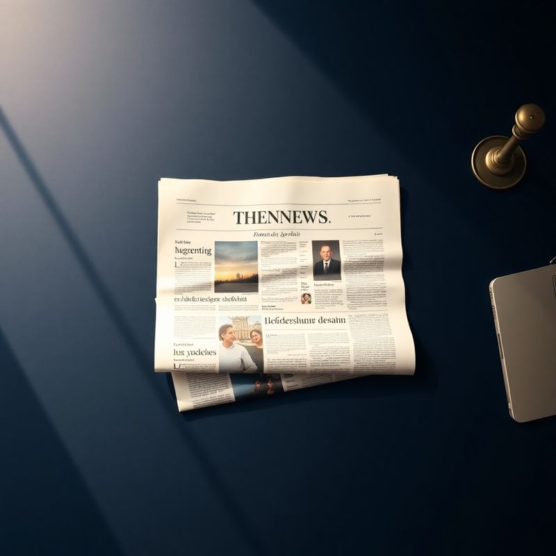 Redakční stůl s notebookem a novinami v indigovém tónu