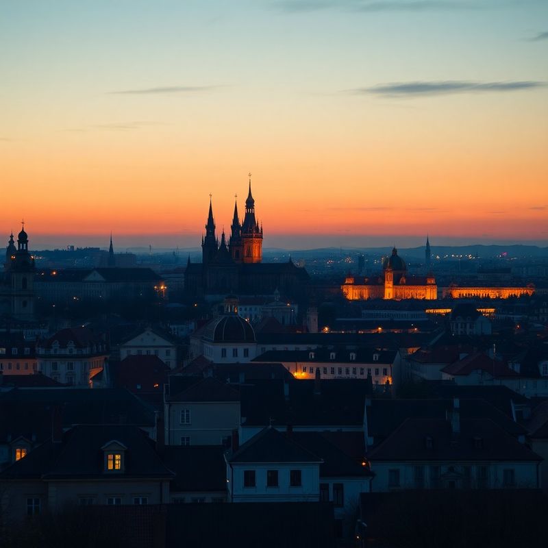 Panorama českého města za soumraku s indigovým laděním